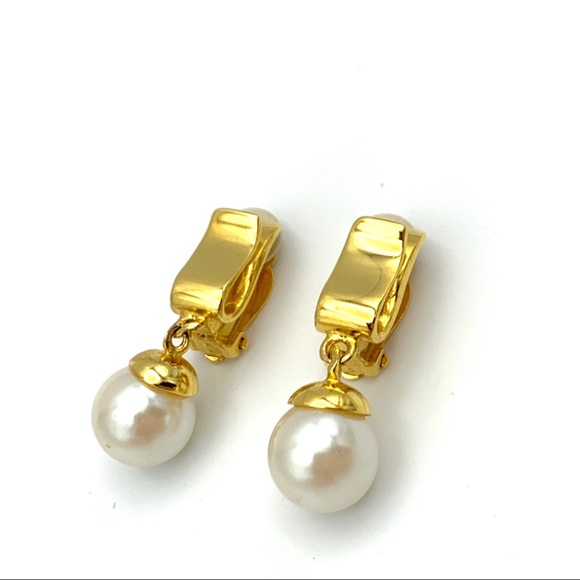 Anne Klein Gold Tone Faux Pearl Clip Earrings - Picture 4 of 7
